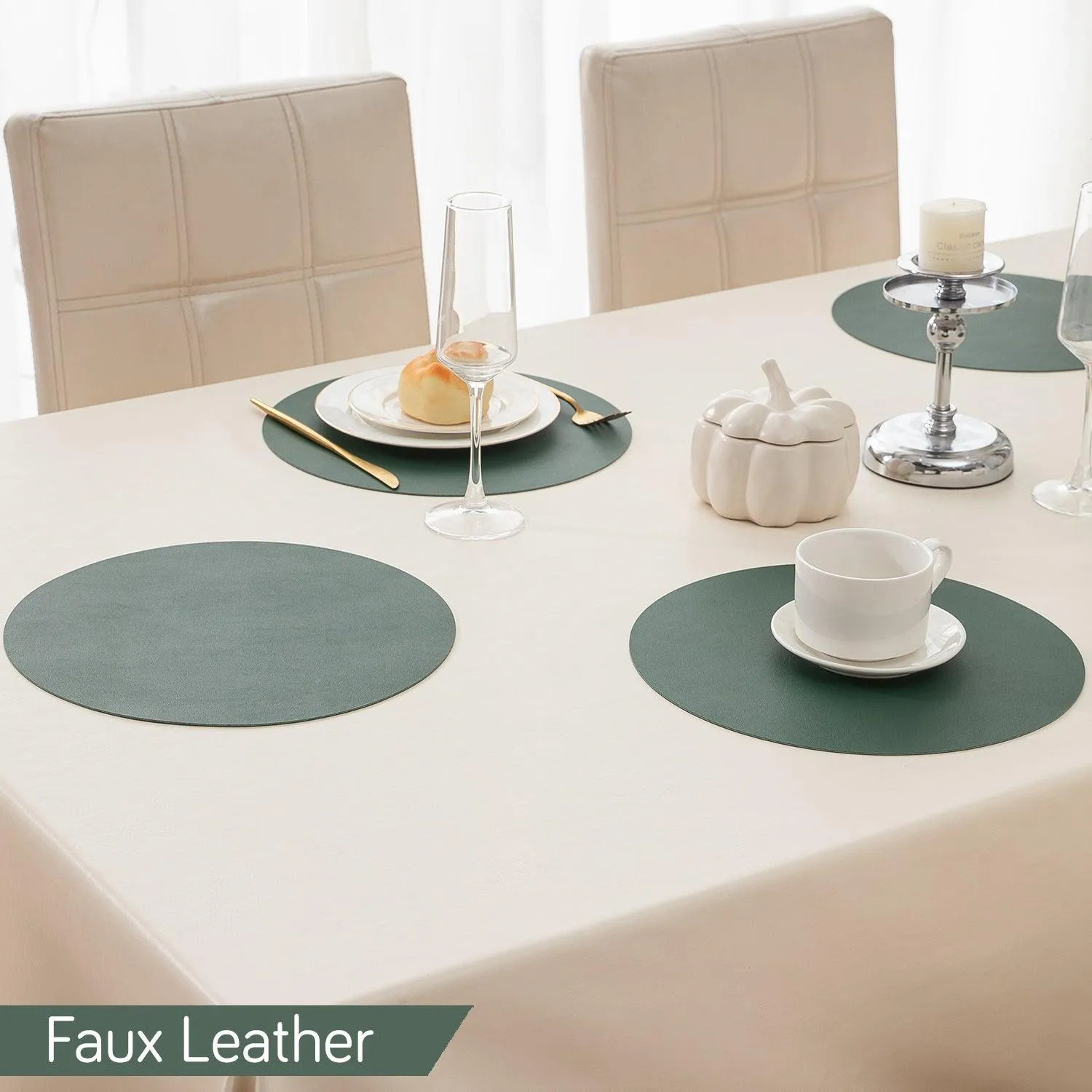 Premium Faux Leather Dining Table Round Mats, Juniper Green