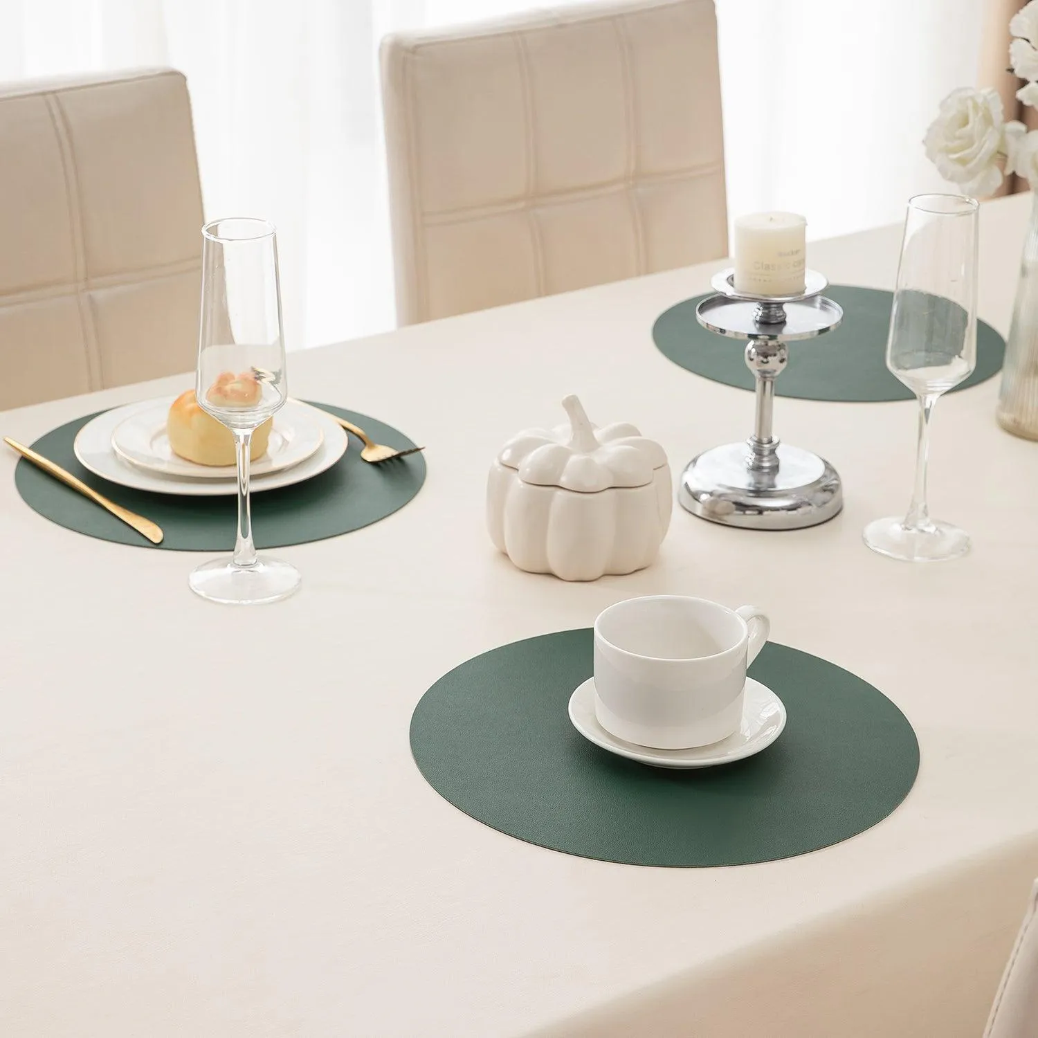 Premium Faux Leather Dining Table Round Mats, Juniper Green