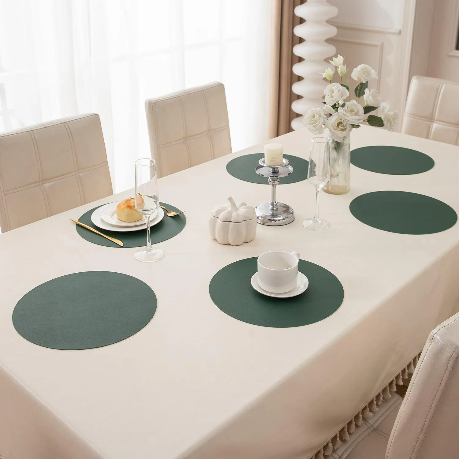 Premium Faux Leather Dining Table Round Mats, Juniper Green