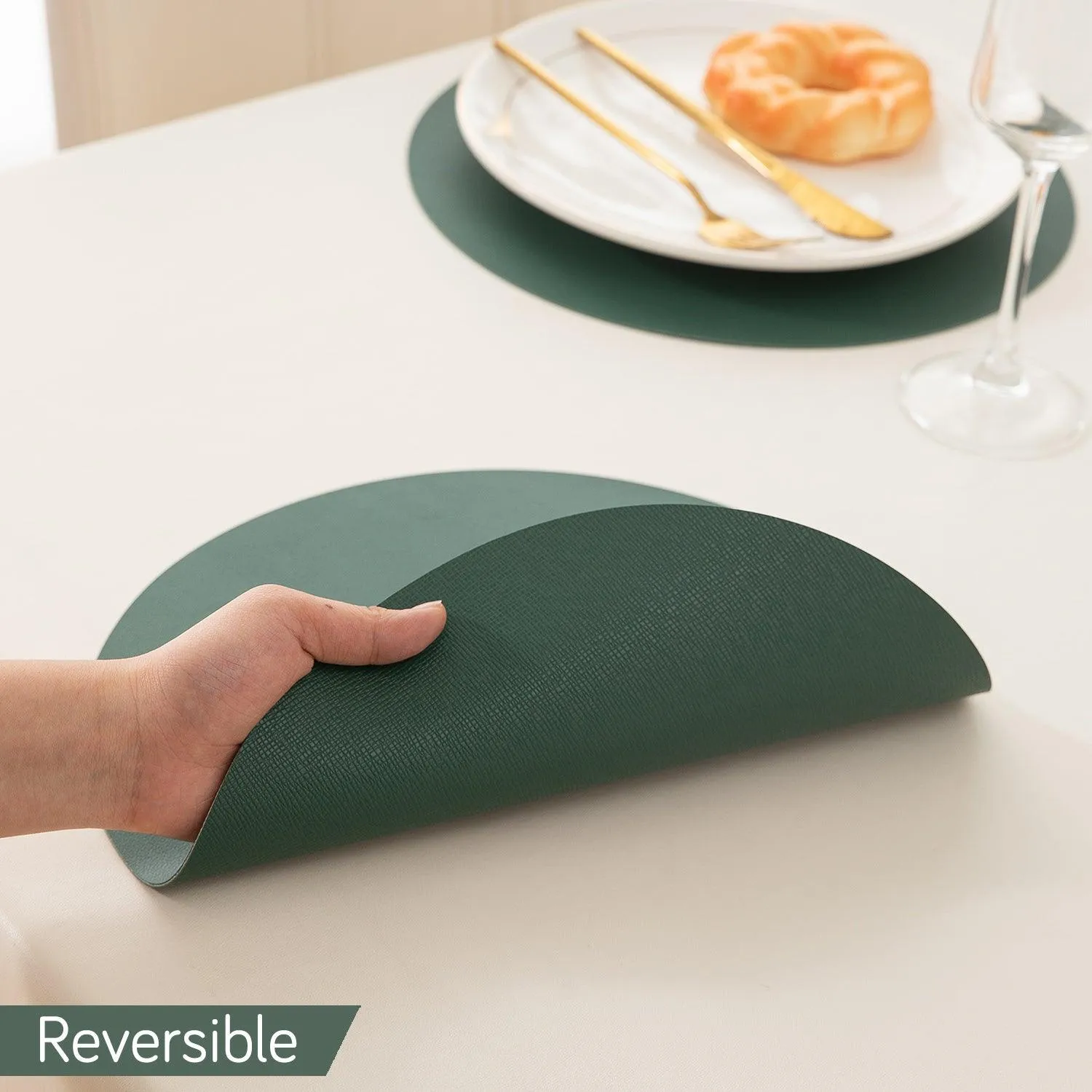 Premium Faux Leather Dining Table Round Mats, Juniper Green