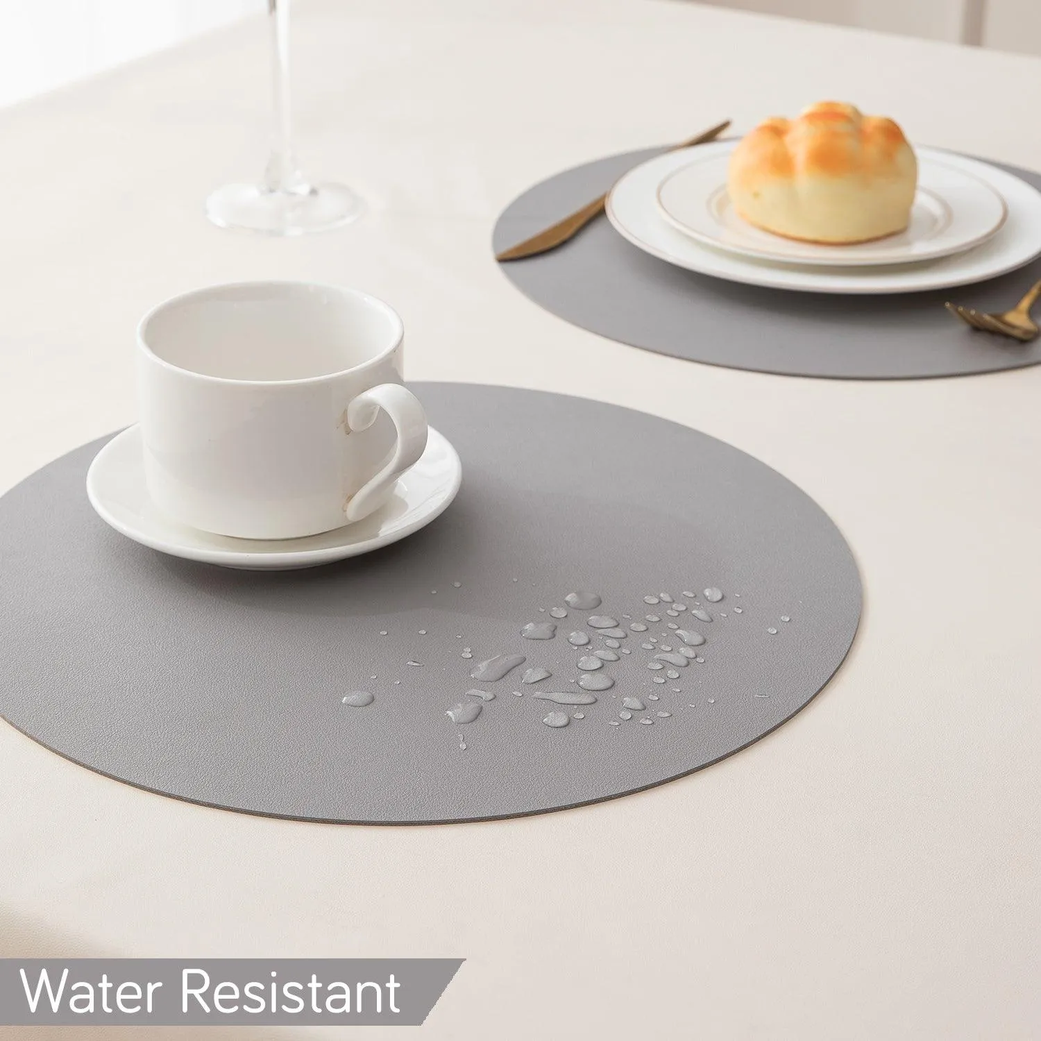 Premium Faux Leather Dining Table Round Mats, Moon Grey