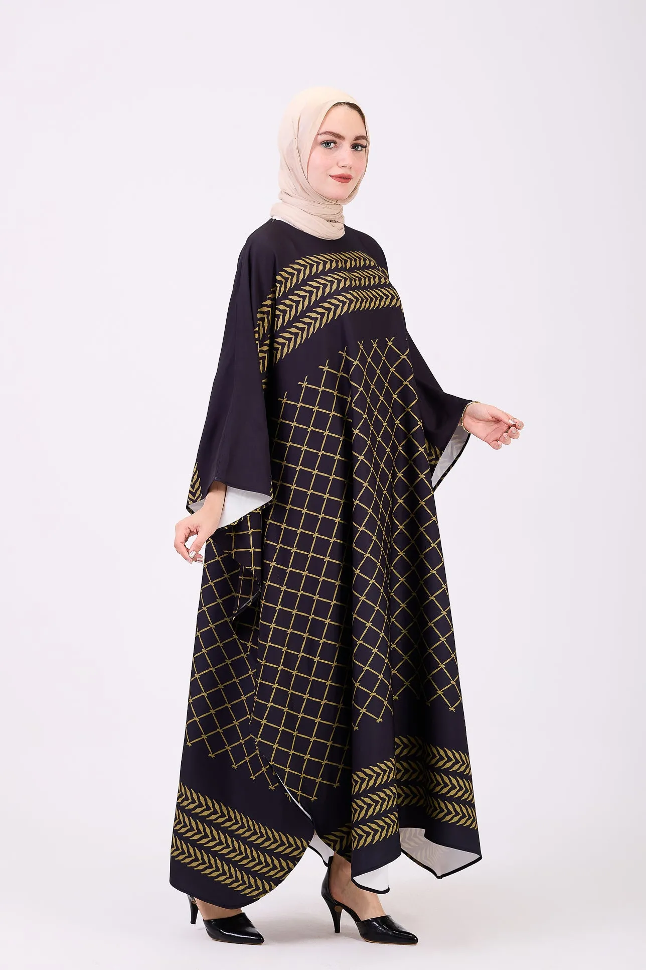 Qudra Luxe Crepe Geometric Patterned Maxi Dress with Modest Sleeves