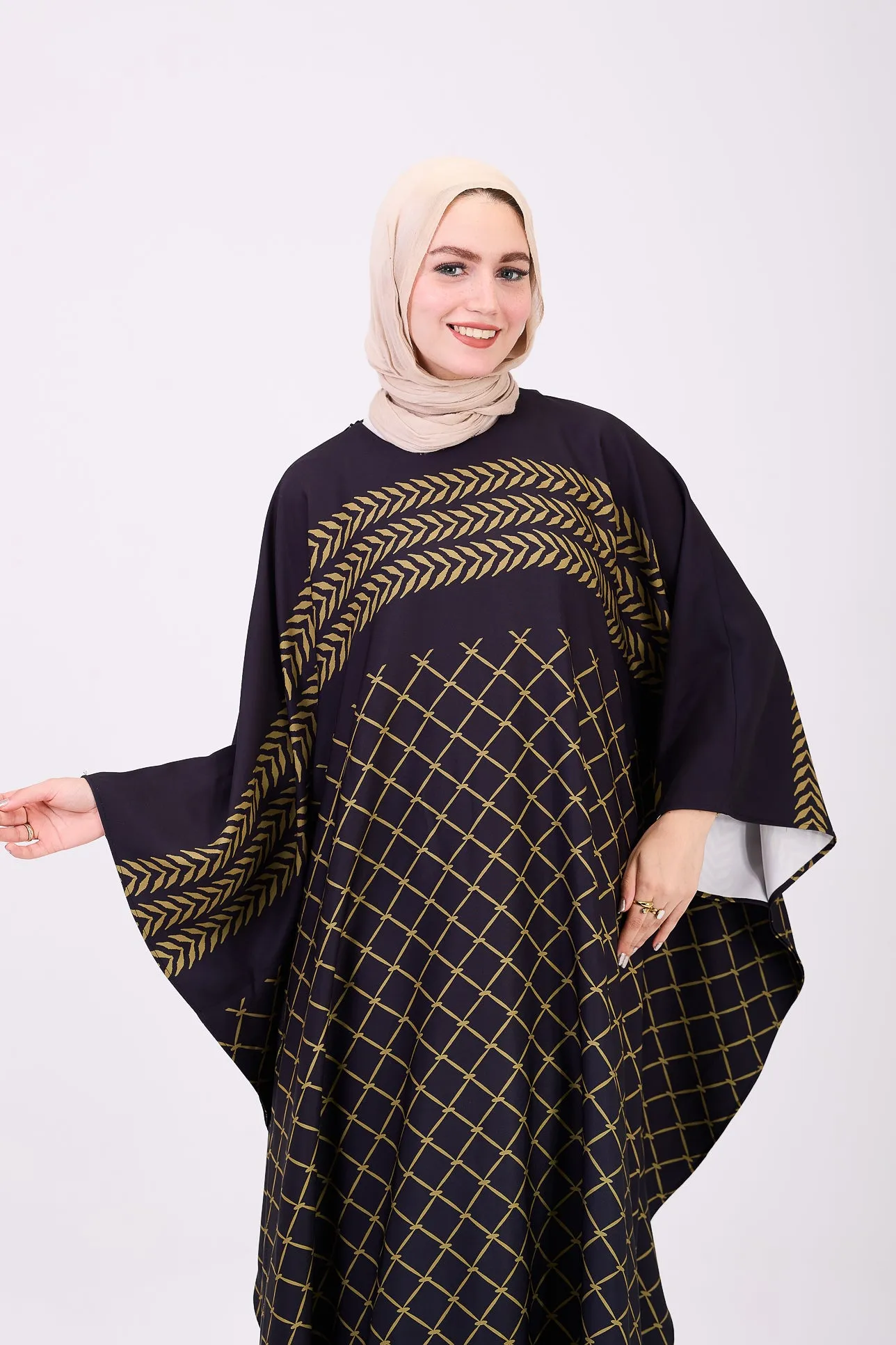 Qudra Luxe Crepe Geometric Patterned Maxi Dress with Modest Sleeves