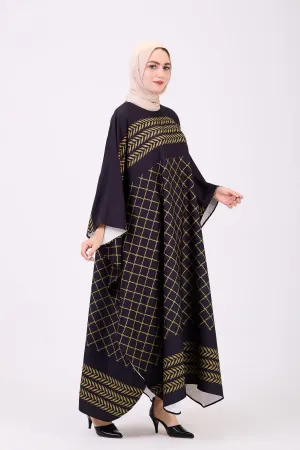 Qudra Luxe Crepe Geometric Patterned Maxi Dress with Modest Sleeves