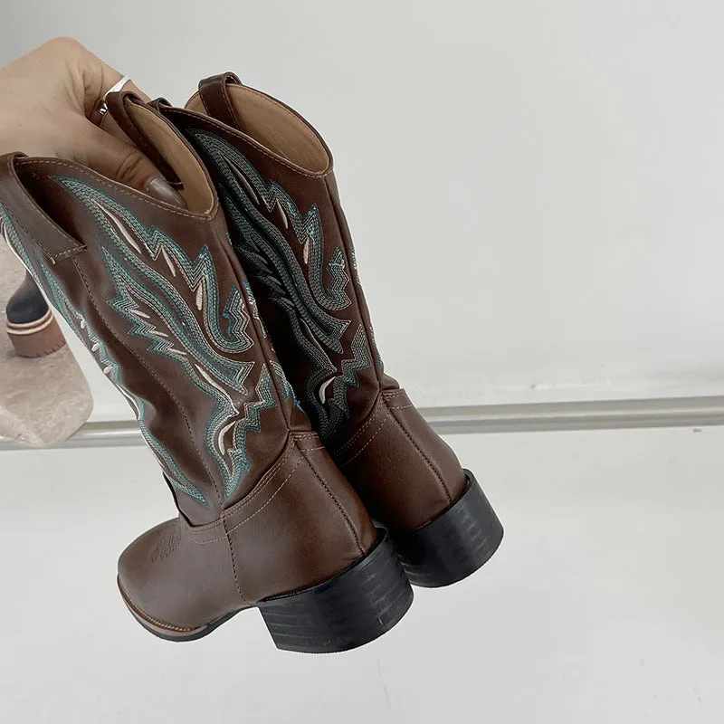 Retro Embroidered V Martin Knight Boots Cowboy Boots