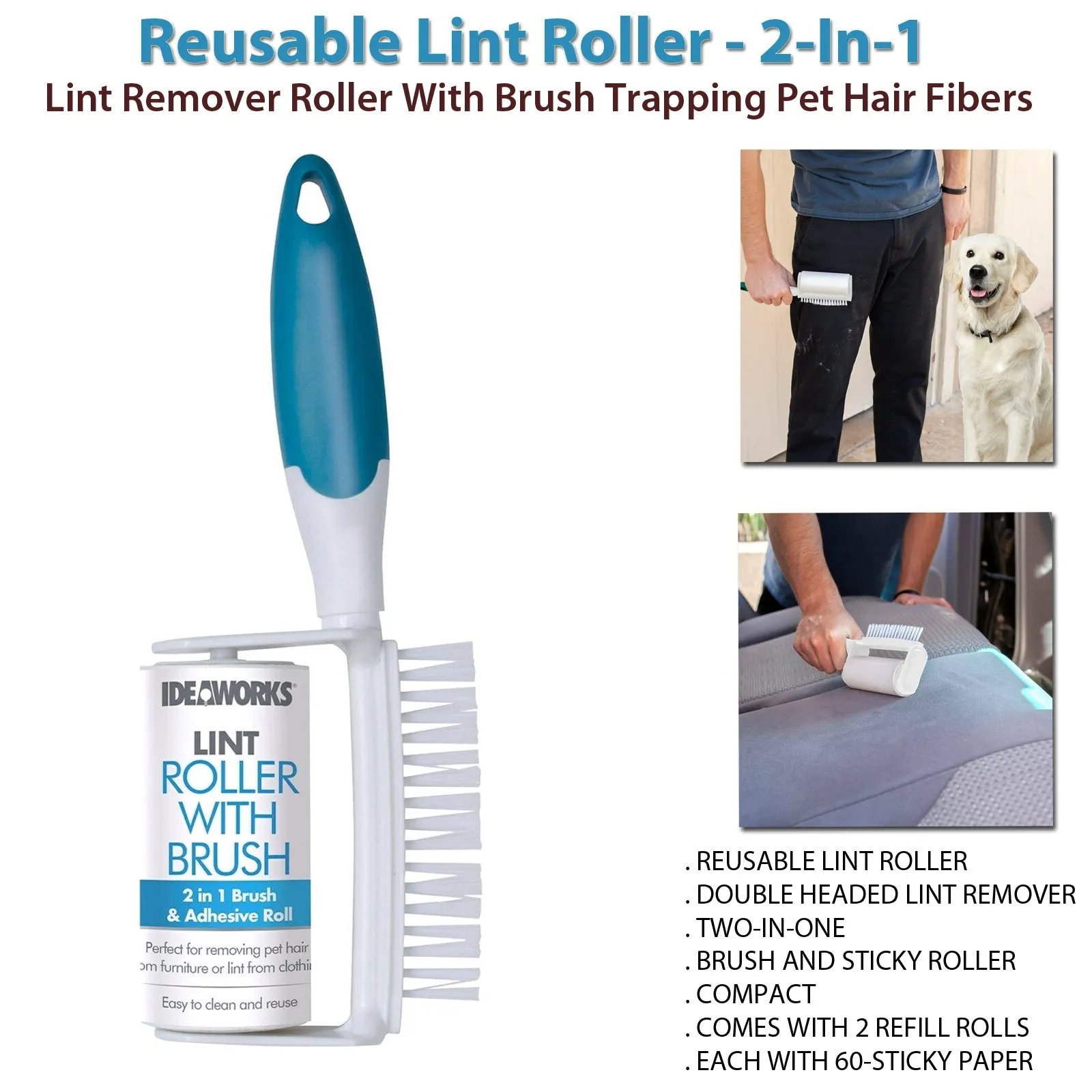 Reusable Lint Remover - 2-In-1 Pet Hair Sticky Roller With Brush for Clothes