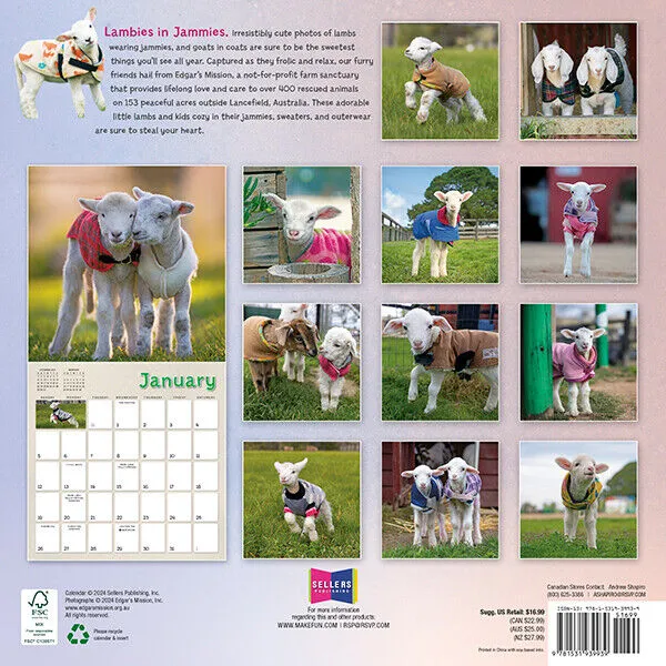 Sellers Publishing Lambies in Jammies 2025 12 x 12 Wall Calendar