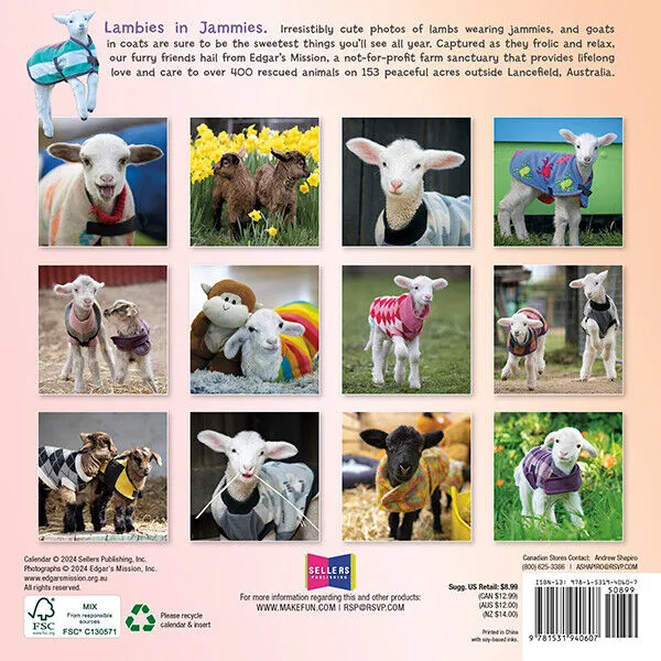 Sellers Publishing Lambies In Jammies 2025 7 x 7 Mini Calendar