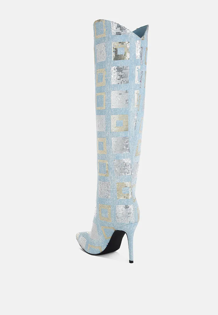 Sharmin Checkered Sequin Knee High Boots