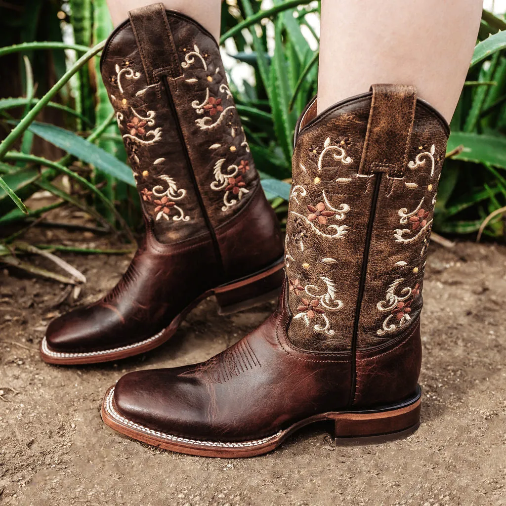 Soto Boots Brown Embroidered Floral Square Toe Cowgirl Boots M4006