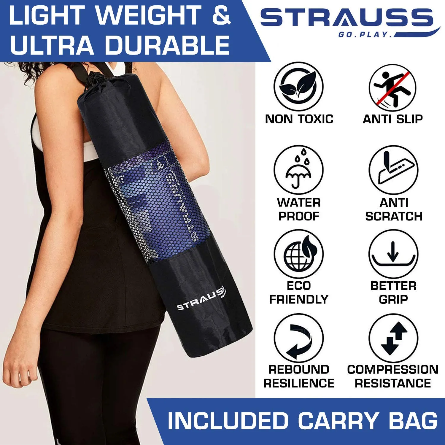 STRAUSS Yoga Mat with Carry Bag | Anti-Slip Exercise Mat for Women & Men | Home Gym Workout, Yoga, Pilates | Eco-friendly | Non-Slip Surface | Lightweight & Durable | 8mm (Purple)