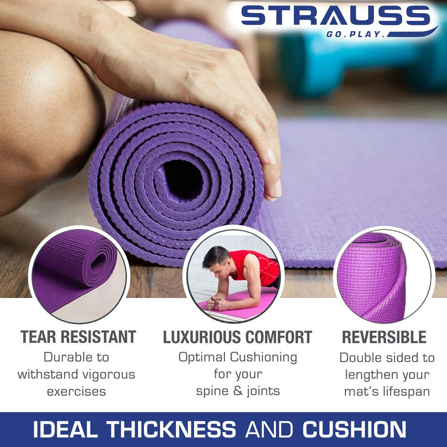 STRAUSS Yoga Mat with Carry Bag | Anti-Slip Exercise Mat for Women & Men | Home Gym Workout, Yoga, Pilates | Eco-friendly | Non-Slip Surface | Lightweight & Durable | 8mm (Purple)