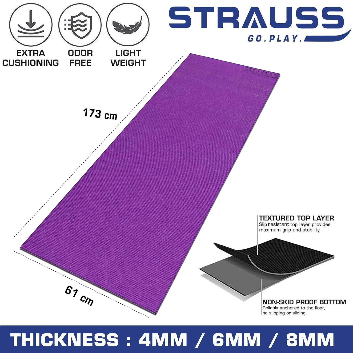 STRAUSS Yoga Mat with Carry Bag | Anti-Slip Exercise Mat for Women & Men | Home Gym Workout, Yoga, Pilates | Eco-friendly | Non-Slip Surface | Lightweight & Durable | 8mm (Purple)