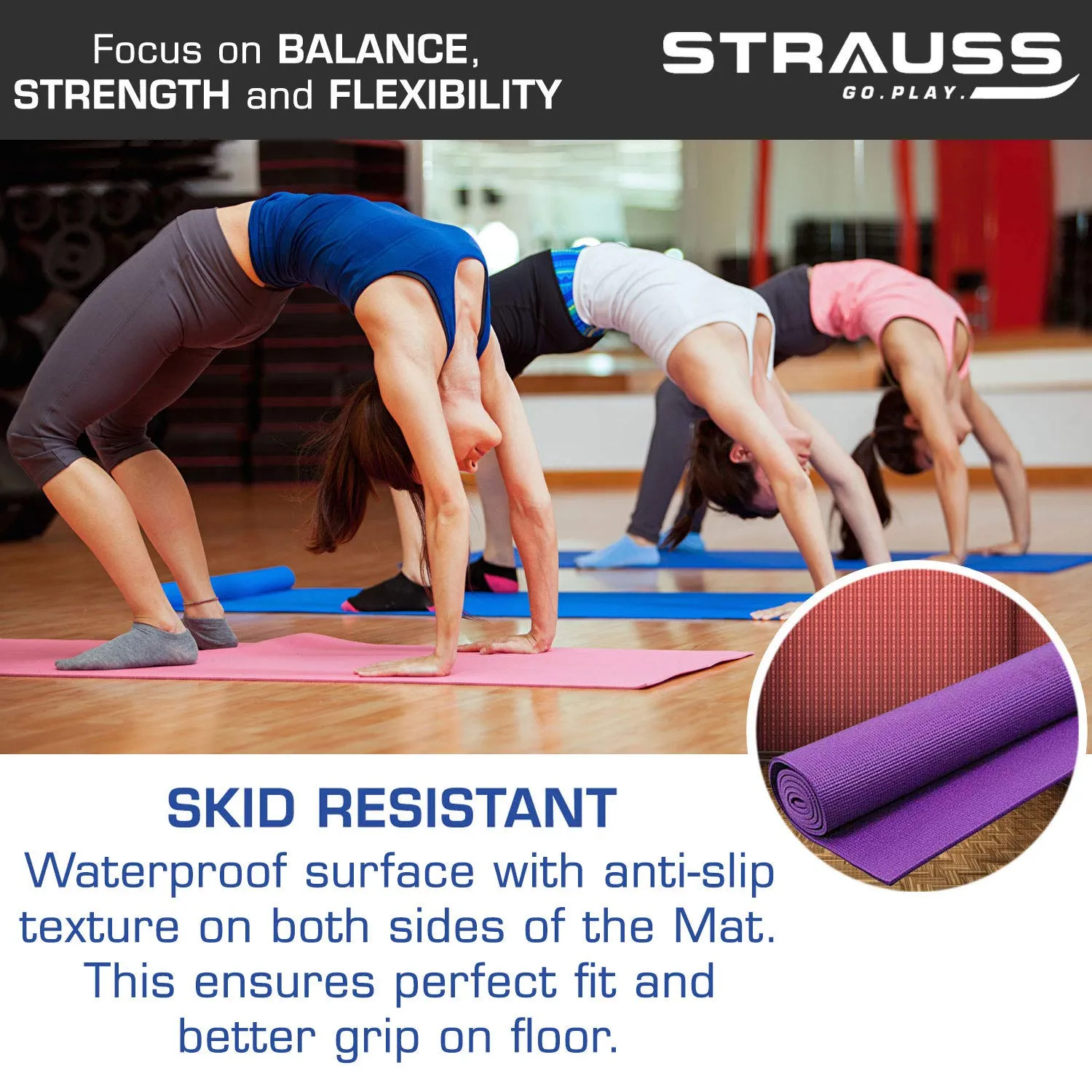 STRAUSS Yoga Mat with Carry Bag | Anti-Slip Exercise Mat for Women & Men | Home Gym Workout, Yoga, Pilates | Eco-friendly | Non-Slip Surface | Lightweight & Durable | 8mm (Purple)