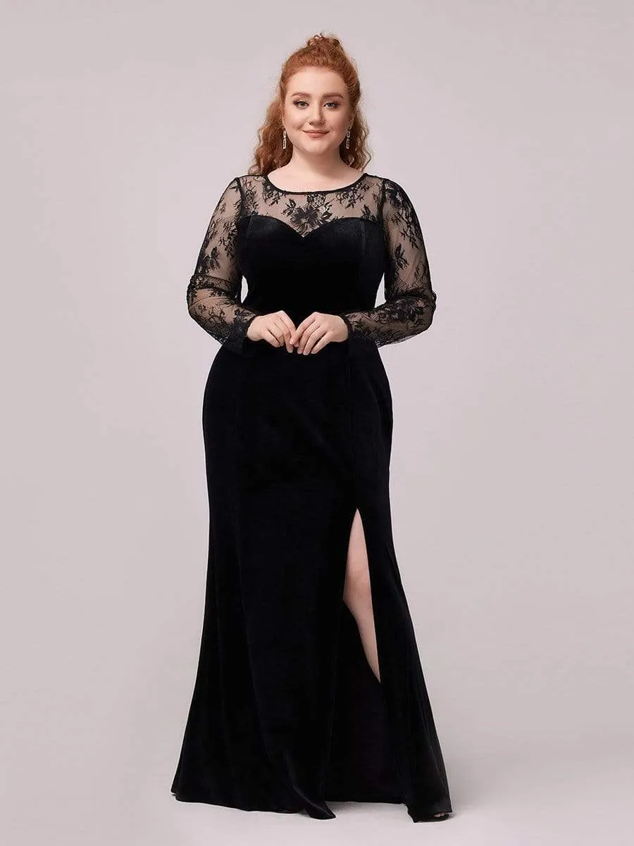 Trendy Plus Size Side Split Velvet& Lace Evening Dress