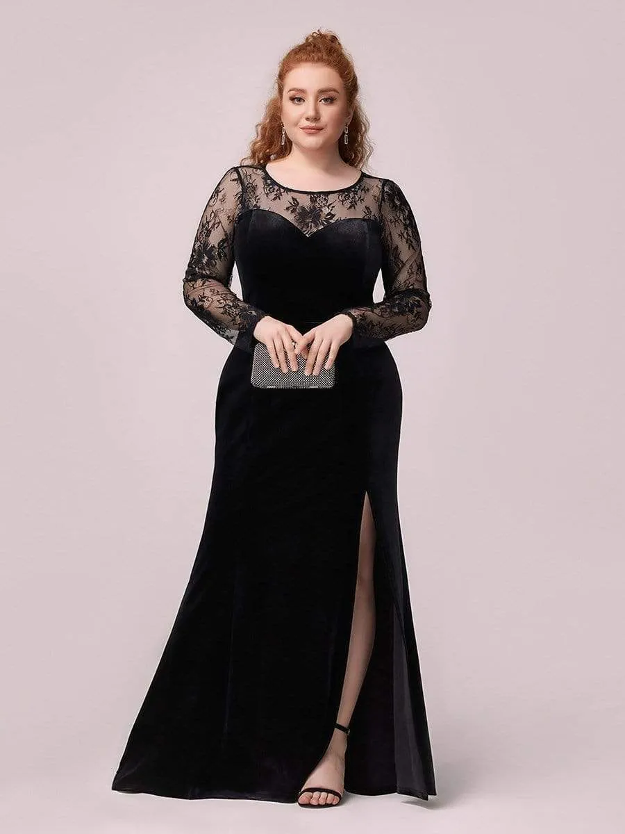 Trendy Plus Size Side Split Velvet& Lace Evening Dress