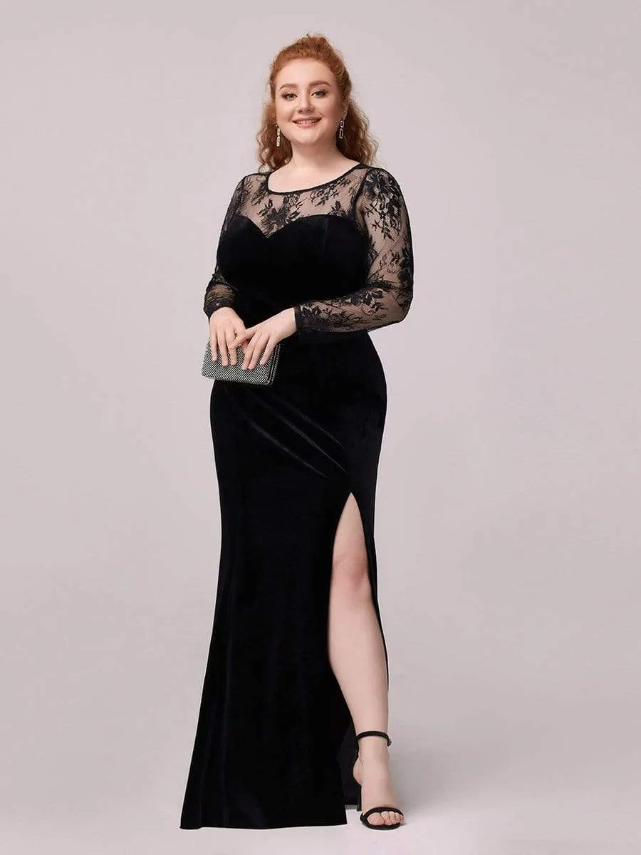 Trendy Plus Size Side Split Velvet& Lace Evening Dress