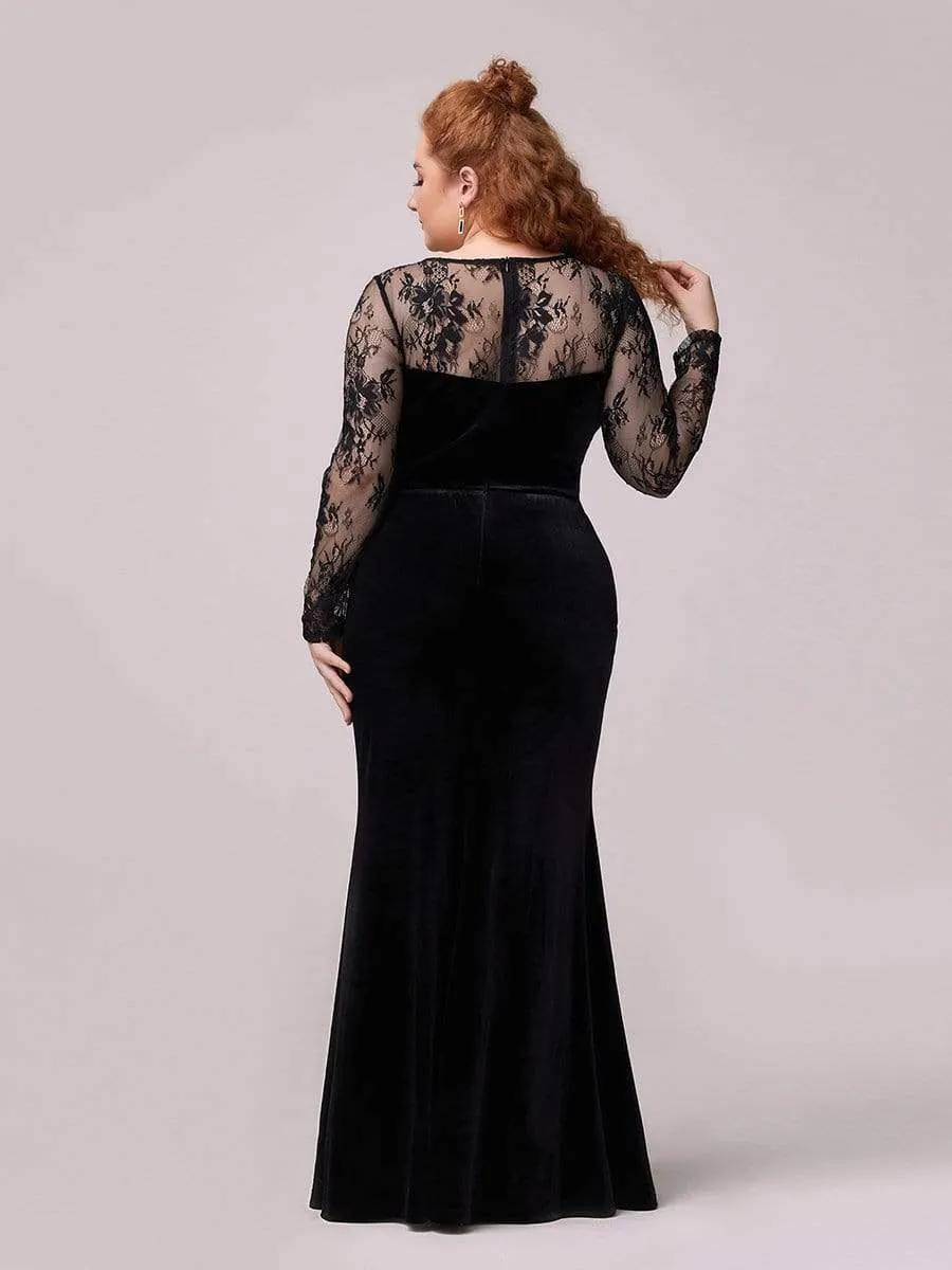 Trendy Plus Size Side Split Velvet& Lace Evening Dress