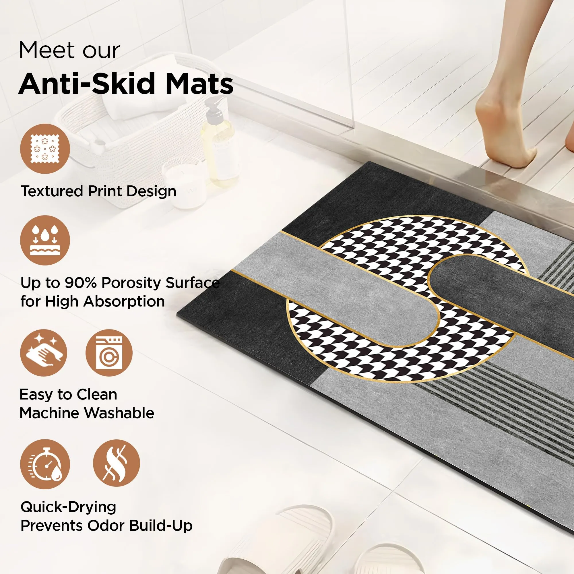 UMAI Polyester Non-woven Felt Bathroom Mat(40*60cm) Bath Mat | Anti Skid Mat for Bathroom Floor | Bathroom Accessories | Bathroom Mats Water Soak | Non Slip Mat for Bathroom | Floor Mat- Black & Grey