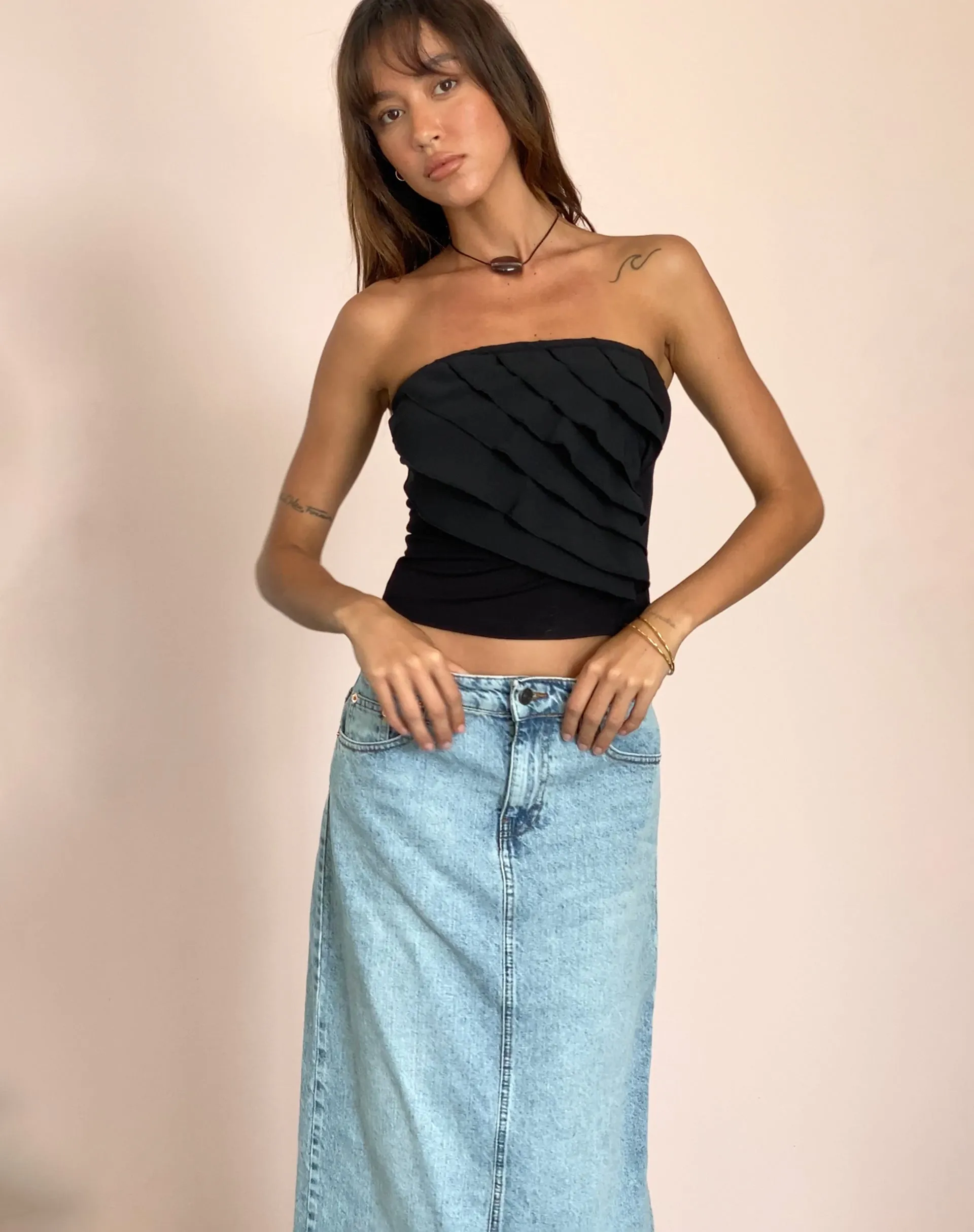 Wayan Ruffle Bandeau Top in Black