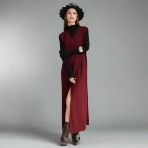 Wine Red Knitted Belted Longline Vest – Sophisticated Layering Essential