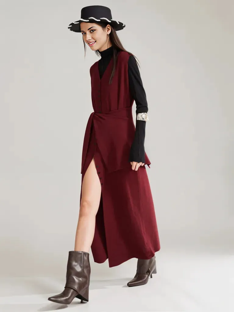 Wine Red Knitted Belted Longline Vest – Sophisticated Layering Essential