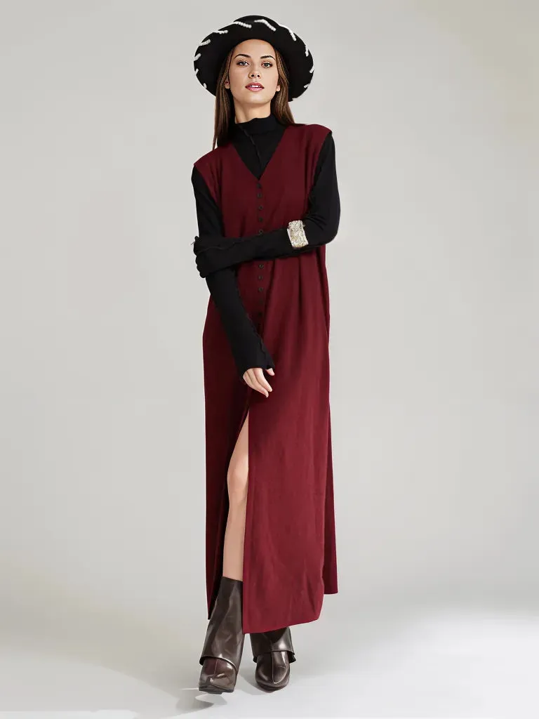 Wine Red Knitted Belted Longline Vest – Sophisticated Layering Essential