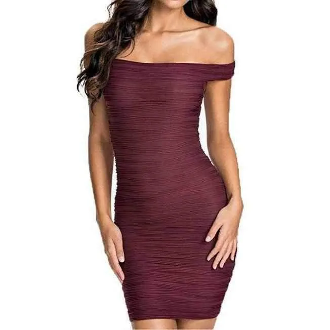 Women's Simple Burgundy Off Shoulder Bandage Dress