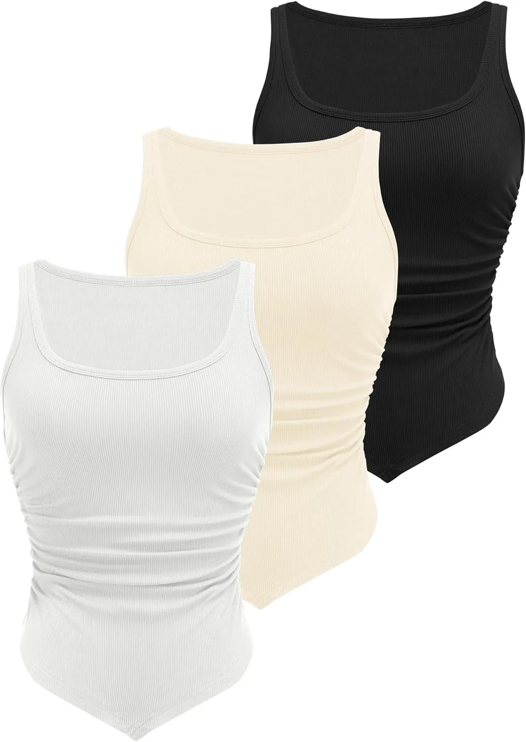 Zeagoo Ribbed Tank Tops 3 Pack Scoop Neck Ruched Shirts