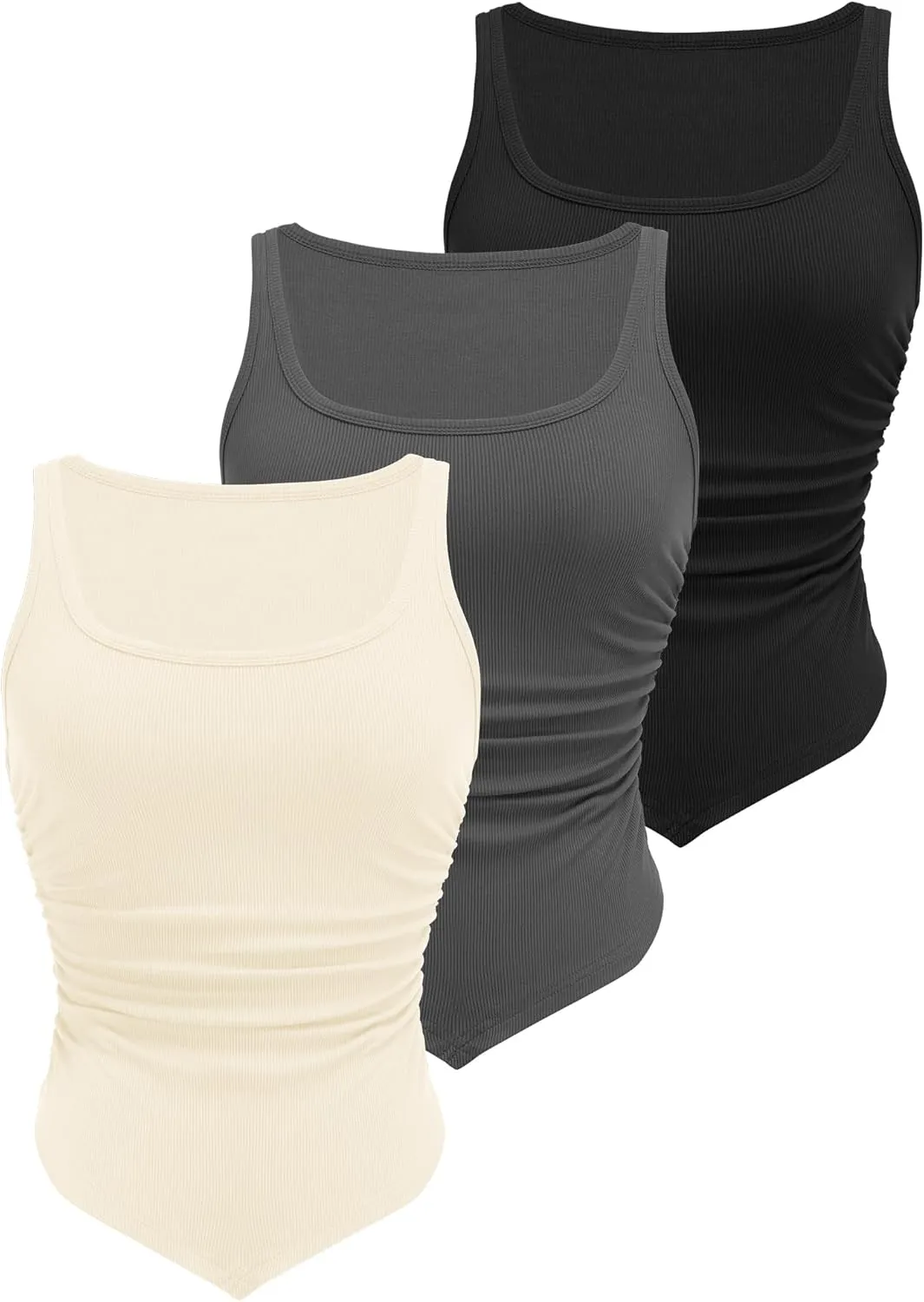 Zeagoo Ribbed Tank Tops 3 Pack Scoop Neck Ruched Shirts