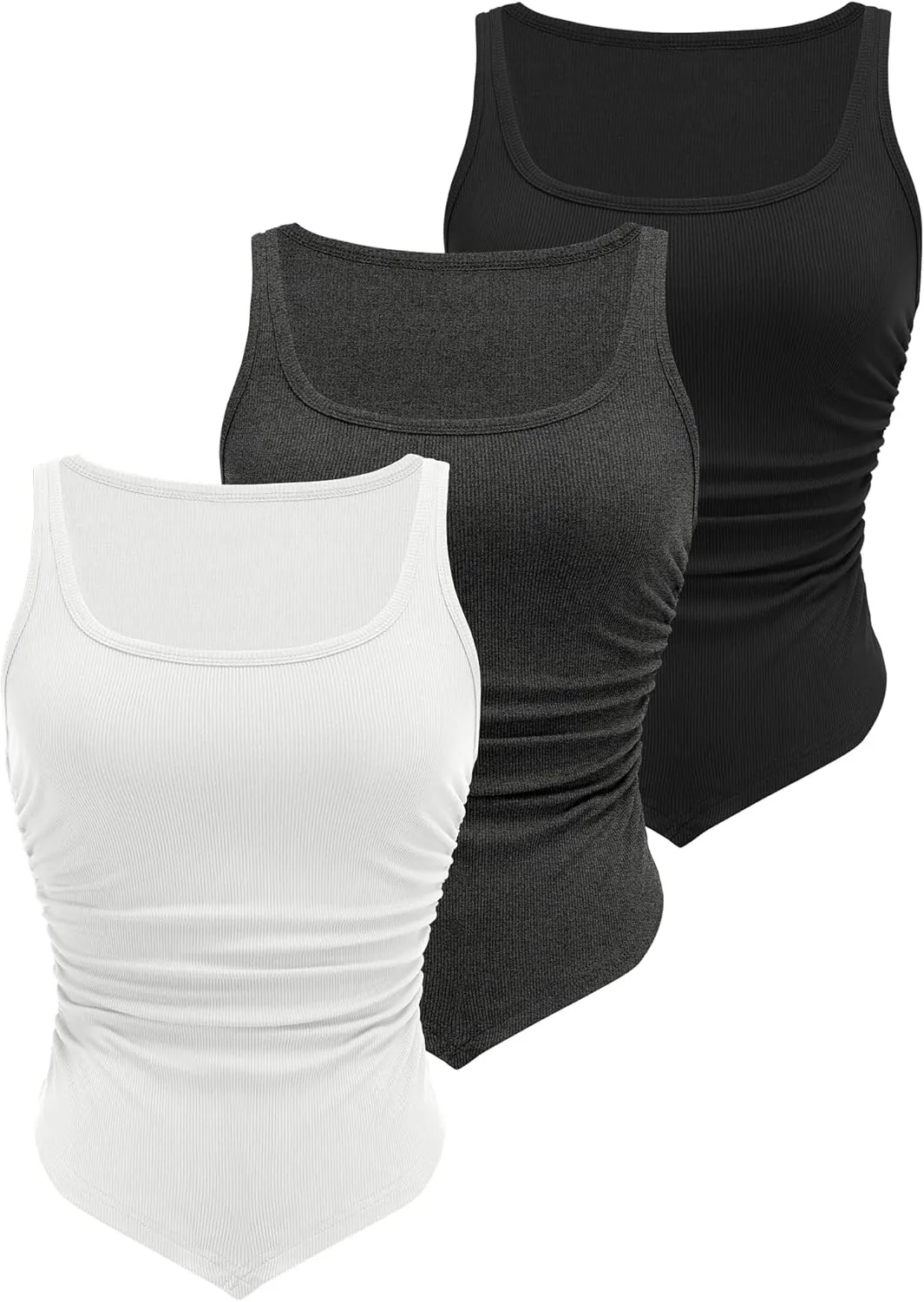 Zeagoo Ribbed Tank Tops 3 Pack Scoop Neck Ruched Shirts