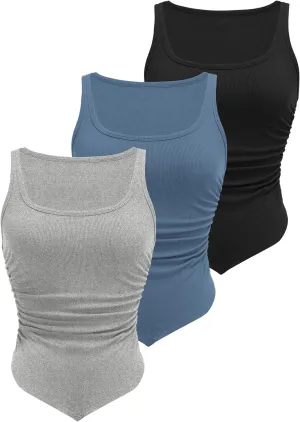 Zeagoo Ribbed Tank Tops 3 Pack Scoop Neck Ruched Shirts